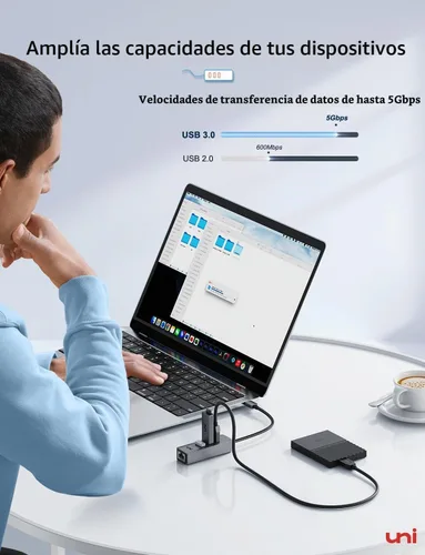 Vista 4 de uni Adaptador USB-C a Ethernet, HUB USB C Ethernet 1Gbps con USB 3.0 4EN1, [Compatible con Thunderbolt 4/3] Adaptador de red USB C para MacBook Gris