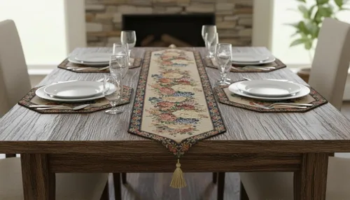 Vista 7 de Tache - Juego de 3 manteles individuales y manteles individuales con diseño floral y borlas doradas para comedor, cocina, ocasiones especiales
