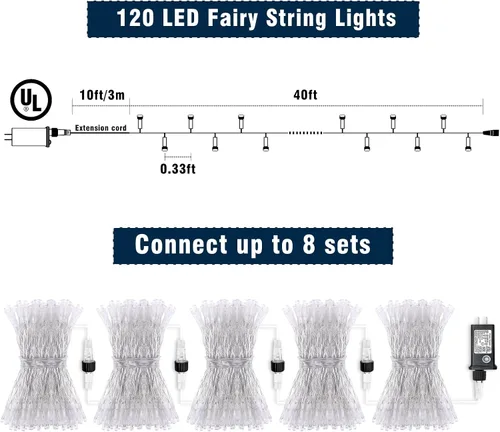 Vista 5 de Guirnalda de 120 luces LED rojas impermeables para exteriores, luces de Navidad rojas de 40 pies, 8 modos, cable transparente, guirnalda de luces