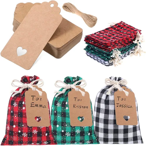 Vista 6 de Shappy 24 bolsas de Navidad con cordón, bolsas de arpillera a cuadros de Navidad, bolsas de lino con cuerda de 32.8 pies, 24 tarjetas
