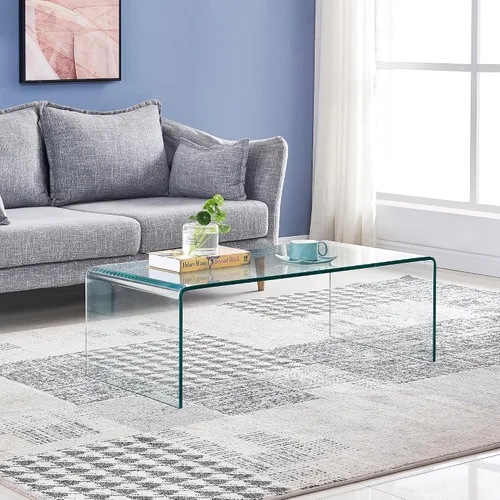 Vista 7 de Mesa de café de vidrio SMARTIK, mesas de café modernas transparentes para sala de estar, pequeña mesa rectangular de vidrio templado en cascada