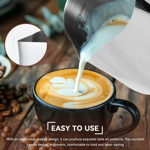 Vista 4 de Jarra de espuma de leche con termómetro integrado, jarra de espuma de leche de acero inoxidable de 16.9 fl oz, taza espumadora de leche, jarra