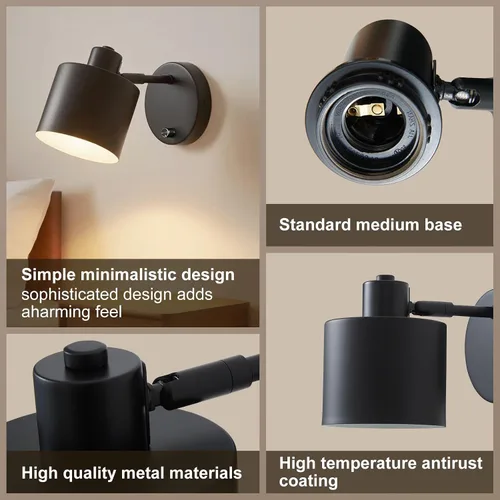 Vista 5 de LIGHTESS Aplique de pared con interruptor, apliques de pared de granja con atenuador de encendido y apagado, luces de pared industriales negras