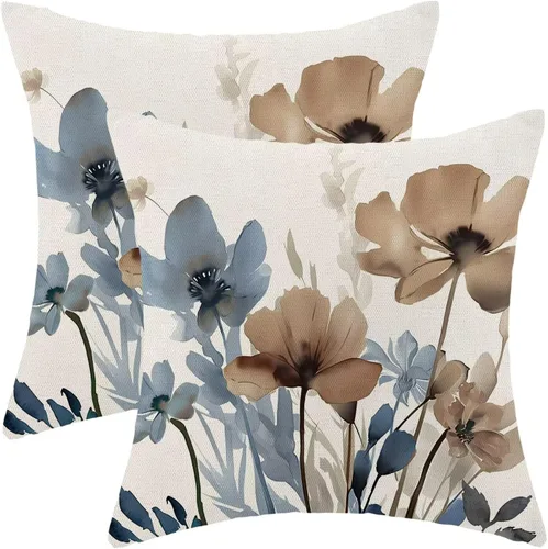 Vista 32 de AEIOAE Juego de 2 fundas de almohada florales azules y marrones de 16 x 16 pulgadas, fundas de almohada decorativas de flores de acuarela