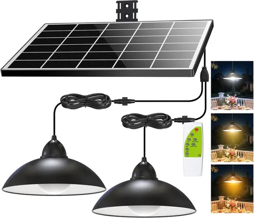 Vista 10 de Luz colgante solar de doble cabezal Lightonight Indoor Outdoor, Remote IP65 Waterproof Dusk to Dawn Solar Shed Lamp for Gazebo, Barn, Stables