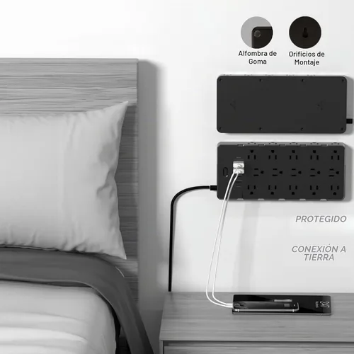 Vista 9 de Regleta de Alimentación de Protección contra Sobretensiones de Servicio Pesado - 25 Tomas de CA, 6 Puertos USB, Protección 4000J, Cable de Extensión