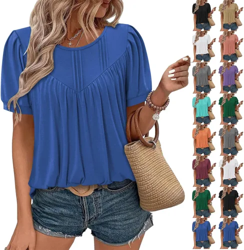 Vista 11 de Blusas para mujer, elegantes, casuales, de verano, de manga corta, plisadas, holgadas, suaves, cómodas, de moda a01 blanco