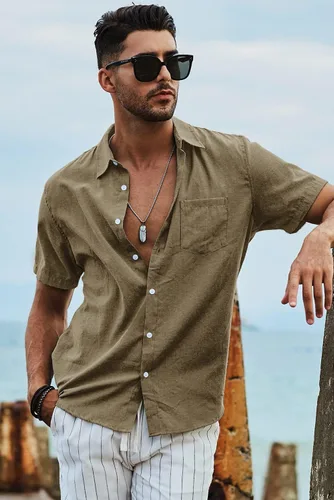 Vista 265 de JMIERR Camisas de vestir a rayas con botones y manga corta para hombre