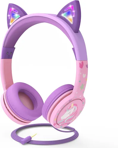 Vista 12 de FosPower Audífonos para niños con orejas de gato LED (límite de volumen seguro de 85dB), audífonos con cable suave de 3.5mm con orejeras y cables