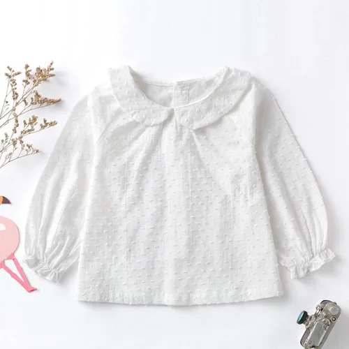 Vista 6 de Curipeer Camisa blanca con botones para niñas con cuello Peter Pan Blusa de manga larga