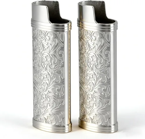 Vista 10 de Funda para encendedor de 2 piezas, estilo vintage, reutilizable, resistente aleación de zinc, estampado floral para protección de tamaño completo