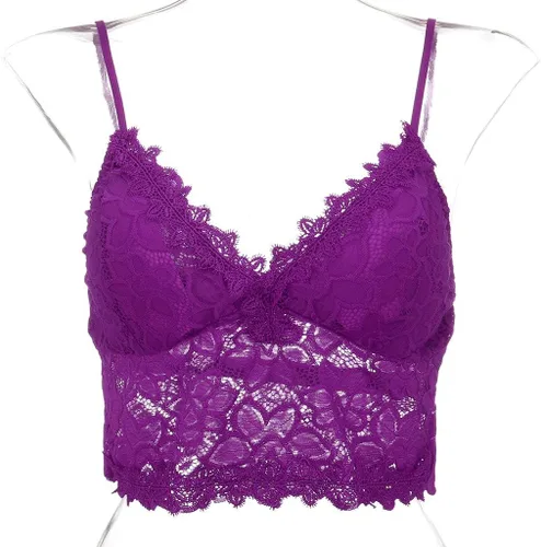 Vista 4 de Camiseta sexy para mujer, ribete de encaje de verano, festoneado, ahuecado, transparente, escote transparente, para fiesta nocturna y club, púrpura