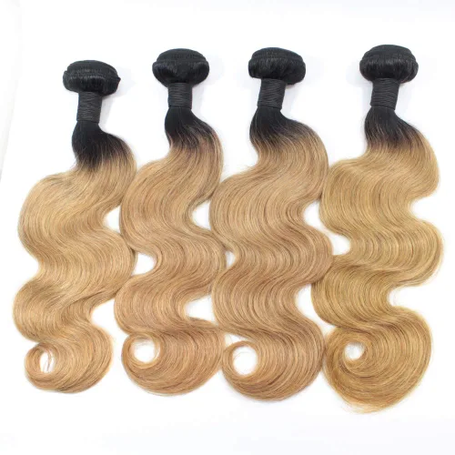 Vista 2 de Extensiones de cabello humano virgen ondulado brasileño ombré, 3 paquetes de 12 pulgadas #1B/27 rubio barato sin procesar para mujeres