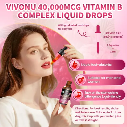 Vista 6 de VivoNu Gotas líquidas de complejo de vitamina B, vitamina B12 metilada de 6000 mcg, B1, B6, B3, B5, B2, folato, biotina con vitamina C D A E