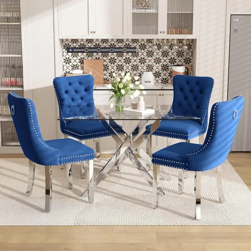 Vista 18 de Juego de mesa de comedor de 51 pulgadas de vidrio para 4, mesa de cocina rectangular de vidrio con 4 sillas tapizadas con acentos de terciopelo