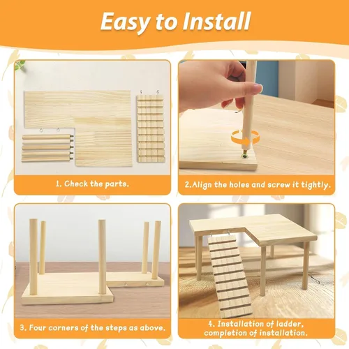 Vista 3 de kathson Plataforma de hámster de madera con patas, plataforma natural de pie para animales pequeños, escalera para escalar, jaula de conejillo