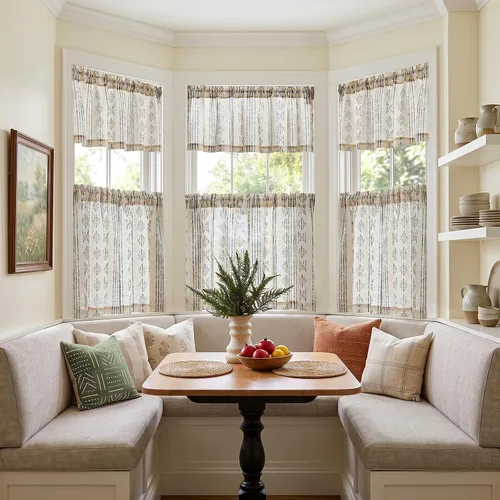 Vista 5 de Jinchan - Juego de cortinas y cenefas de cocina estilo bohemio negro sobre beige y bolsillo para barra Boho Negro sobre Beige