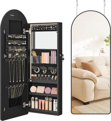 Vista 7 de SONGMICS Organizador ancho de joyas, armario LED para joyas montado en la pared/puerta, espejo arqueado con almacenamiento, con cerradura, esquina