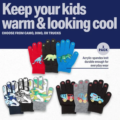 Vista 2 de 3 Pack - Magic Stretch Winter Kids Gloves for Boys, Kid & Children, Toddler - Dino, Camo, Trucks