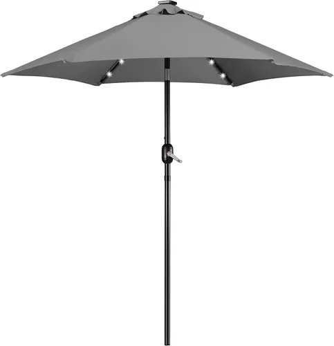 Vista 32 de Yaheetech - Sombrilla solar de patio de 9 pies, sombrilla de mesa con 32 luces LED, 8 varillas/inclinación y sistema de elevación con manivela