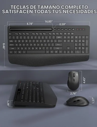 Vista 7 de Combo de teclado y mouse inalámbrico - Teclado ergonómico de tamaño completo con reposabrazos, soporte para teléfono, modo de suspensión, combo