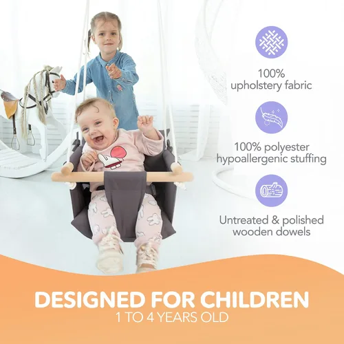 Vista 2 de CaTeam Asiento de columpio de lona para bebé con cinturón de seguridad de 5 puntos, columpio colgante de madera para niños pequeños, interior y Gris