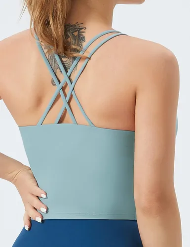 Vista 3 de THE GYM PEOPLE Sujetador deportivo con espalda cruzada para mujer, cuello halter, camiseta corta sin mangas con almohadillas extraíbles