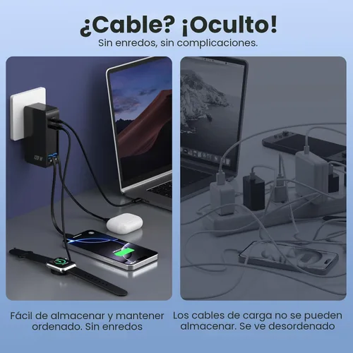 Vista 5 de Bloque de cargador USB C de 120W con 2 cables retráctiles integrados, cargador GaN IV 4 en 1 de carga rápida con enchufe plegable, cargador