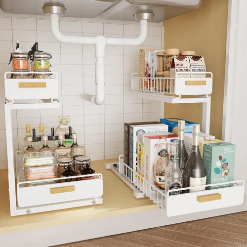 Vista 10 de Organizador bajo el fregadero, Organizador de 2 niveles alto y ajustable bajo el fregadero de la cocina, estante de almacenamiento multiuso