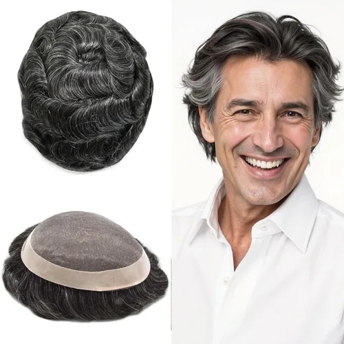 Vista 33 de Fine Mono Men Hair System Mens Toupee Real Human Hair Pieces For Men's Toupee Hair System For Men Hair Piece Natural Hairline 6X8 densidad de luz