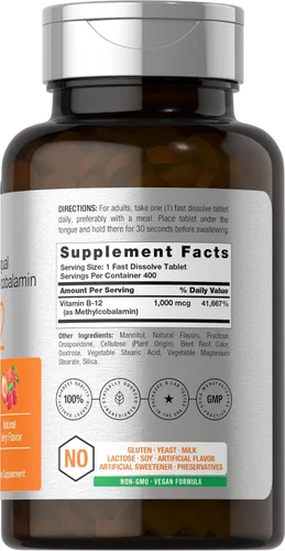 Vista 2 de Horbäach Vitamina B12 1000 mcg Sublingual 400 Comprimidos de Disolución Rápida Suplemento de Metilcobalamina para Mujeres y Hombres Sabor a