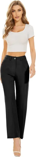 Vista 2 de FUNYYZO Pantalones de pierna ancha para mujer, de cintura alta, casuales, largos, rectos, con bolsillo
