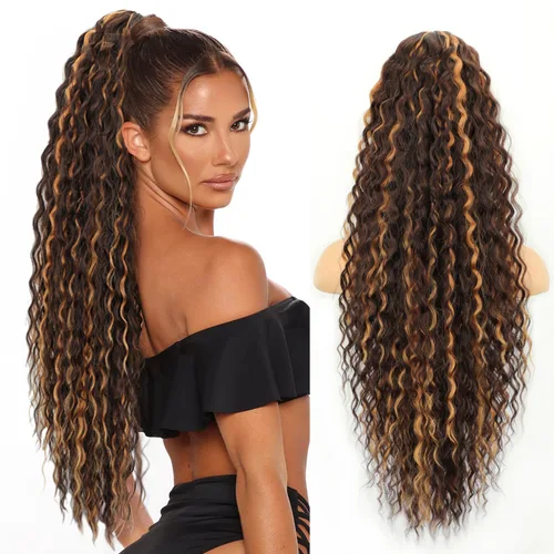 Vista 29 de FREEMEIGE Extensión de cola de caballo, cola de caballo rizada ondulada de 8 pulgadas para mujeres negras, corto, suave, natural, sintético, grueso