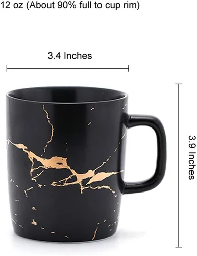 Vista 2 de Coffeezone Tazas de café de mármol de cerámica mate de 12 onzas con incrustaciones de oro de lujo (negro, 4 tazas de mármol dorado)