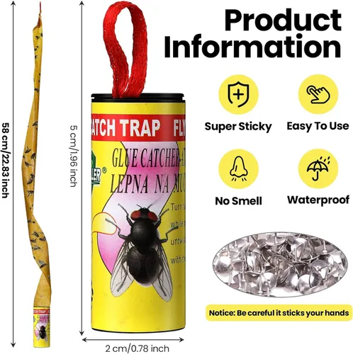 Vista 2 de Qualirey Paquete de 80 tiras adhesivas para moscas para interiores y exteriores, cinta de papel para colgar moscas, trampa para insectos voladores