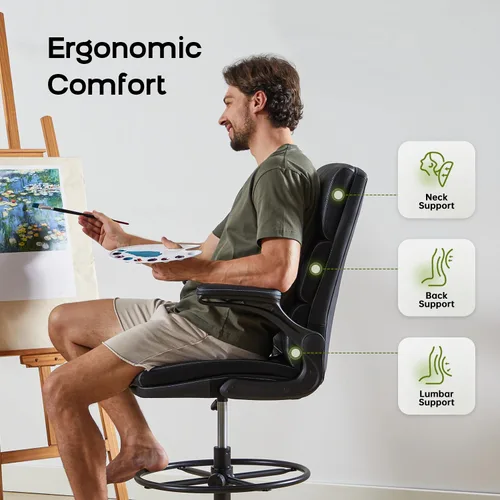 Vista 3 de Silla de Dibujo Silla Alta de Oficina con Reposabrazos Abatibles Acolchados Silla de Escritorio de Pie Ergonómica Ejecutiva para Computadora
