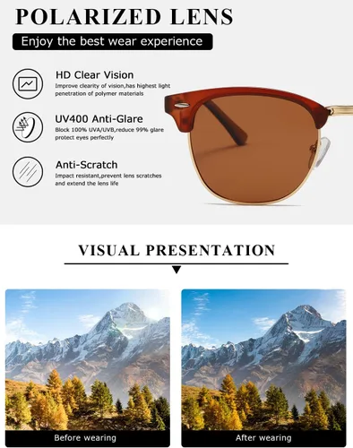 Vista 42 de AEVOGUE Gafas de sol polarizadas para mujeres y hombres semi marco retro gafas de sol AE0369