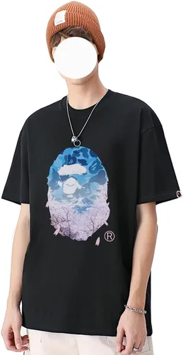 Vista 2 de Camisa Hip Hop Sakura Print Manga Corta Shark Ape Camiseta Cuello Redondo Dibujos Animados Algodón Top Hombres y Mujeres Jóvenes