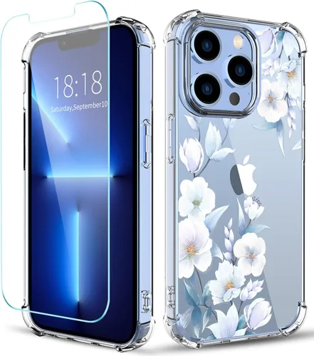 Vista 8 de Funda con diseño de patrón de flores para iPhone 13 Pro Max [con protector de pantalla], funda transparente floral para teléfono de mujer a prueba