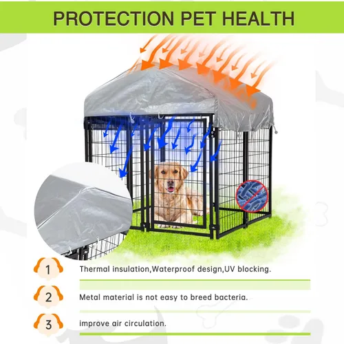 Vista 2 de Perrera para perros grandes, resistente a los rayos UV, resistente a los rayos UV, 4 x 4 x 4.3 pies, alambre soldado de metal con techo impermeable