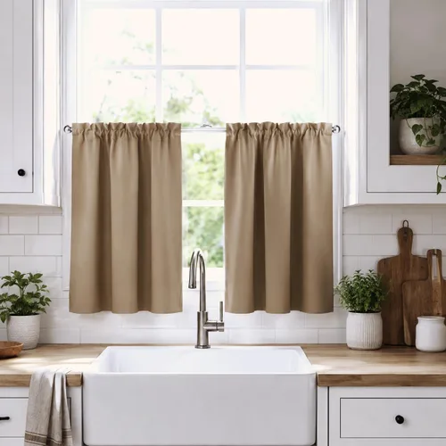 Vista 56 de Aquazolax Half Window Curtains 24 Inch Length, 28" Wide Rod Pocket Small Window Treatment for Kitchen, Bathroom, Camper, Beige, 2 Panels Set