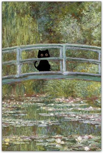 Vista 11 de CAXIYSH Arte de pared de gato negro Monet, póster de lirios acuáticos, vintage, divertido, floral, gato, lienzo, pinturas famosas, impresiones