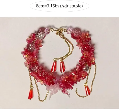 Vista 2 de Pulsera de la suerte de circonita con cuentas de cristal rojo y blanco morado para mujer Cadena de aleación ajustable de 7.9-11.8 in, lista