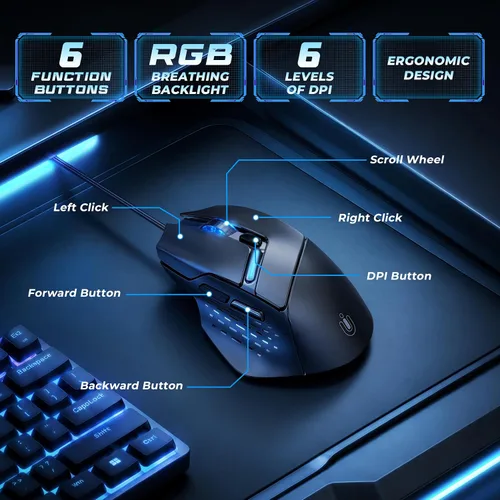 Vista 3 de Uineer Ratón para juegos con cable, 7200 DPI, 6 botones programables