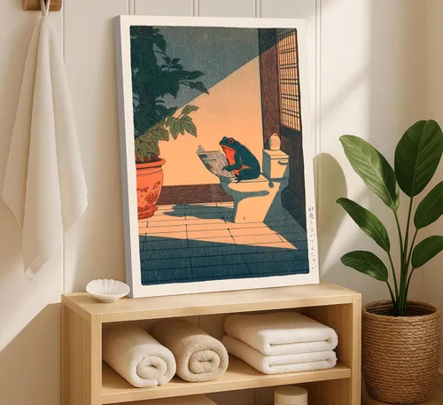 Vista 2 de Divertido lienzo de rana para pared, póster japonés para baño, impresión de animales vintage en el inodoro, lectura de periódicos, pintura japonesa