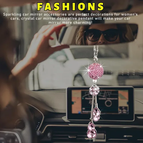 Vista 4 de Colgante brillante de bola y gotas para coche, adorno de espejo retrovisor de cristal para mujeres y niñas, accesorios universales brillantes