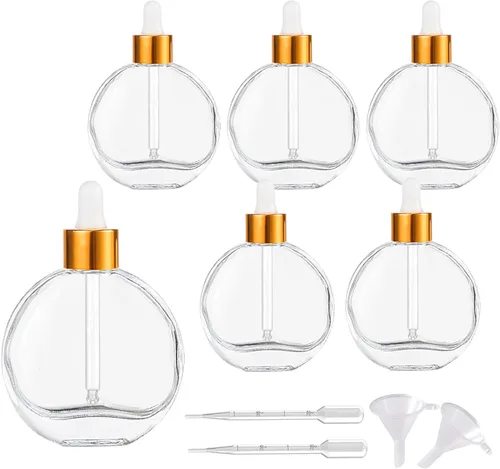 Vista 8 de Botellas transparentes con cuentagotas de 2 onzas, 6 botellas de vidrio plano redondas transparentes con cuentagotas para ojos, para sueros de Negro