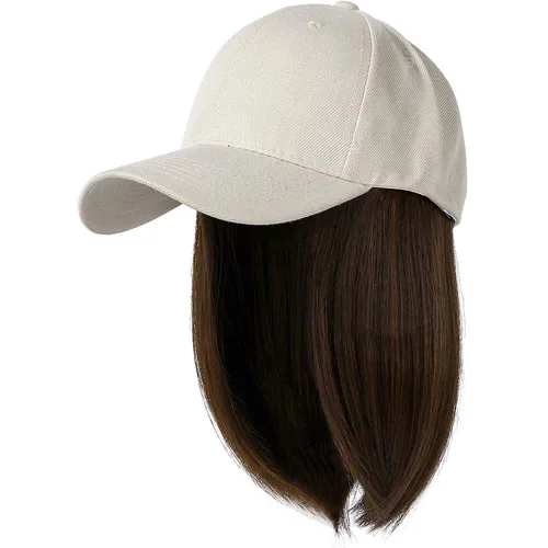 Vista 11 de YEKEYI Gorra de béisbol con extensiones de cabello, peluca sintética para mujer, gorra de béisbol ajustable (beige negro)