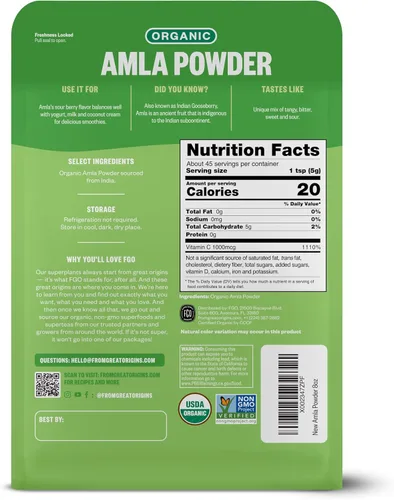 Vista 2 de FGO Polvo orgánico de amla, 8 onzas, grosella espinosa india orgánica USDA (Amalaki), sin OGM, vitamina C natural - 100 % cruda y natural