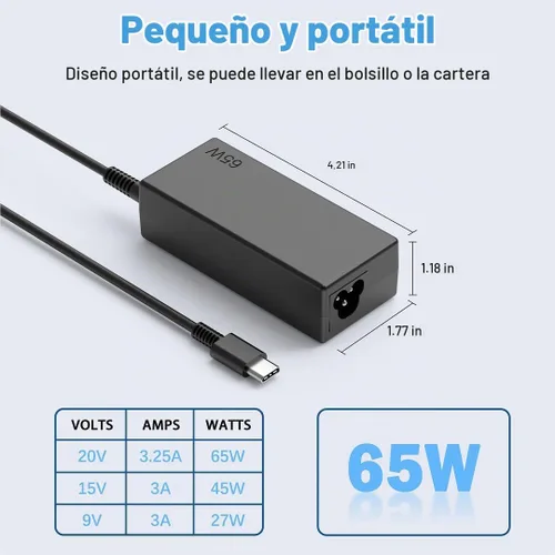 Vista 3 de JEIBAO Adaptador universal de 65 W USB C tipo C de CA para laptop compatible con Lenovo ThinkPad X1 T14 T15 E14 E15 T480s T580s T490 E580 E590 Yoga